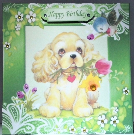 cute puppy with little bird in green ornate frame 8x8 by Hazel Underwood