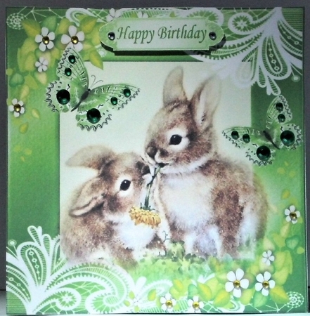 cute bunnies in green ornate frame with butterflies 8x8 by Hazel Underwood