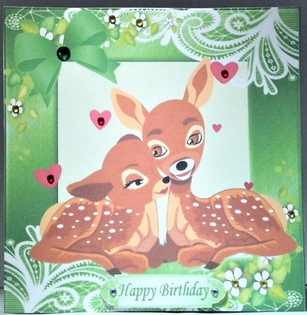 cute pair of deers in green ornate frame with butterflies 8x8 by Hazel Underwood