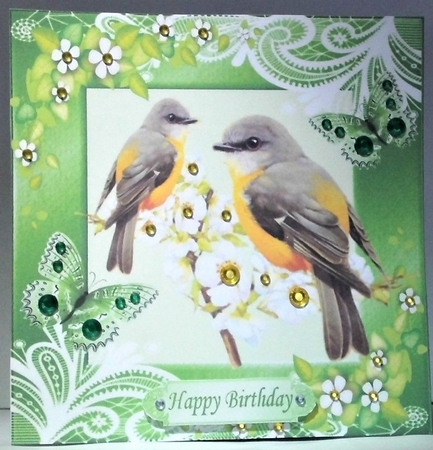 Pretty yellow birds in green ornate frame 8x8 by Hazel Underwood