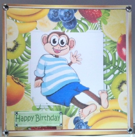 Cheeky monkey in blue striped t shirt assorted fruit frame 8x8 by Hazel Underwood