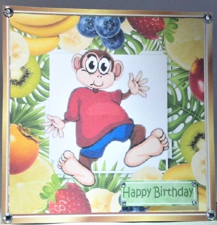 Cheeky monkey in red t shirt assorted fruit frame 8x8 by Hazel Underwood