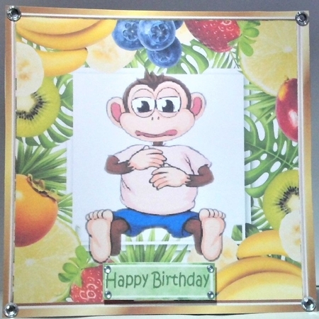 4 Cheeky Monkeys in t shirts in fruit frame 8x8 card/fronts mini kit by Hazel Underwood