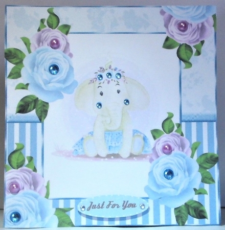 Cute water colour ele in tutu with blue/lilac roses 8x8 by Hazel Underwood