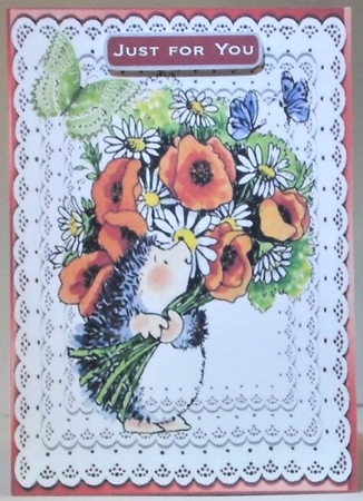 Cute little hedgehog with flowers and lace A5 card/insert by Hazel Underwood