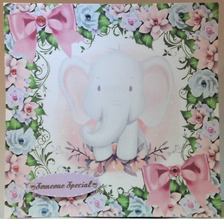 Cute pink water colour ele in flower frame and bows 8x8 by Hazel Underwood