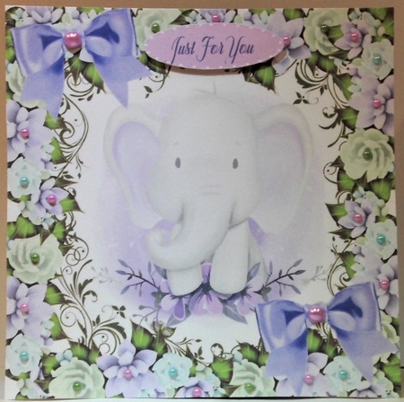 Cute water colour ele in flower frame and  purple bows 8x8 by Hazel Underwood