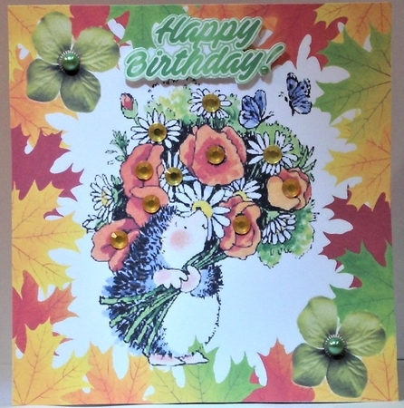 Hedgehog in Autumn leaf frame with flowers 8x8  by Hazel Underwood