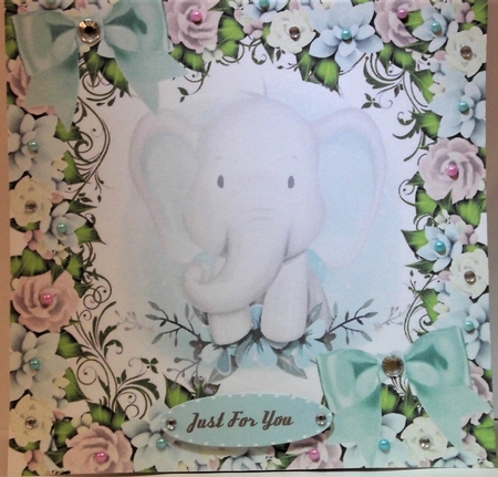 Cute water colour ele in flower frame and turq bows 8x8 by Hazel Underwood