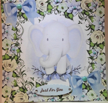 Cute water colour ele in flower frame and blue bows 8x8 by Hazel Underwood