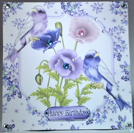 Pretty delicate flowers in purple with birds card front 8x8 by Hazel Underwood