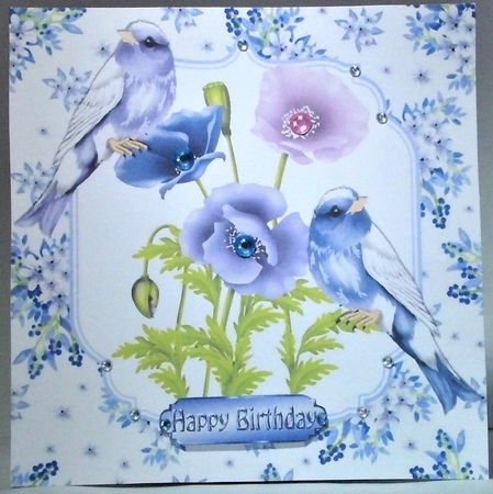 Pretty delicate flowers in blue with birds card front 8x8 by Hazel Underwood