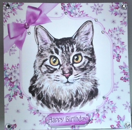 Pretty delicate flowers in lilac with water colour cat card front 8x8 by Hazel Underwood