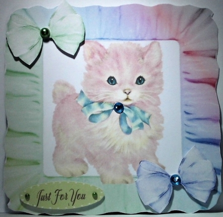 Pretty kitten vintage design in rainbow frill frame with bows 8x8 by Hazel Underwood