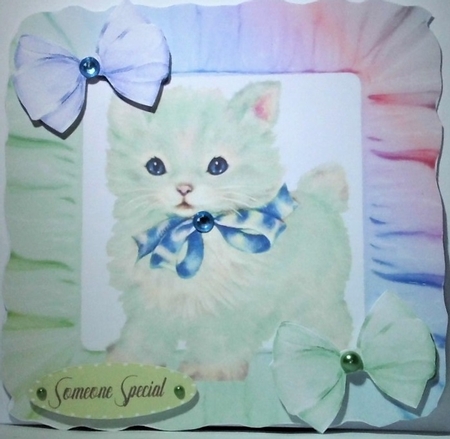 cute kitten vintage design in rainbow frill frame with bows 8x8 by Hazel Underwood