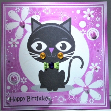 Cartoon black cat in funky purple flower frame 7x7 by Hazel Underwood