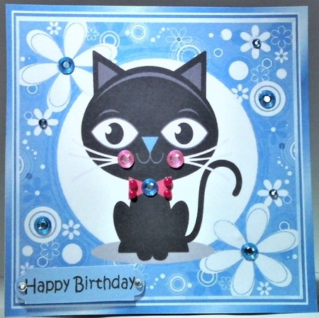Cartoon black cat in funky blue flower frame 7x7 by Hazel Underwood
