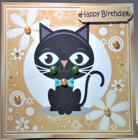 Cartoon black cat in funky gold flower frame 7x7 by Hazel Underwood