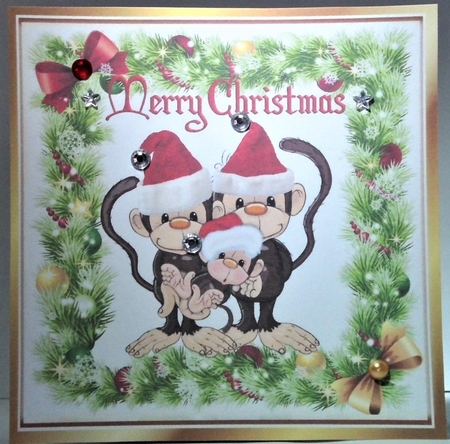 Cute family of monkeys in santa hats in holly frame 8x8 by Hazel Underwood
