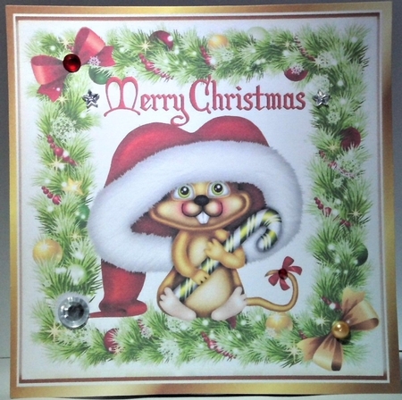 Jolly little mouse in santa hat, in holly frame with bows 8x8 by Hazel Underwood