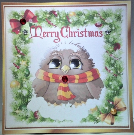 lovely winter bird in scarf in holly frame with bows 8x8 by Hazel Underwood