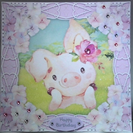 Gorgeous Pig with hydrangea flowers 8x8 by Hazel Underwood
