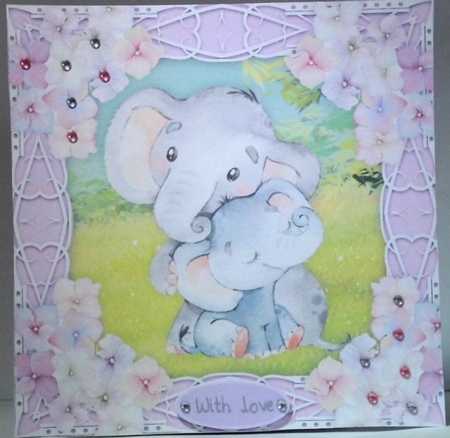 Gorgeous Elephants with hydrangea flowers 8x8 by Hazel Underwood