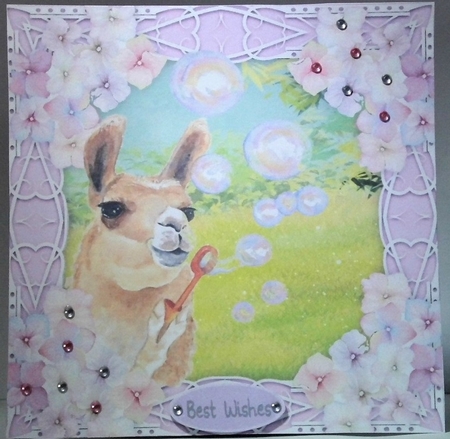 Gorgeous Llama blowing bubbles with hydrangea flowers 8x8 by Hazel Underwood