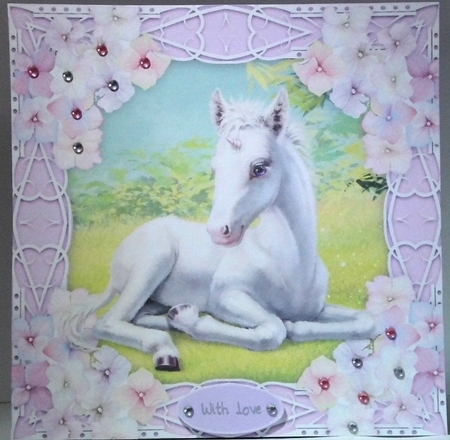 Gorgeous Unicorn laying down with hydrangea flowers 8x8 by Hazel Underwood