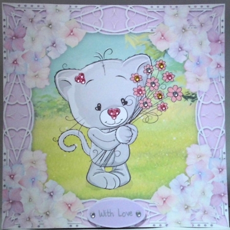 Gorgeous Cat with hydrangea flowers 8x8 by Hazel Underwood