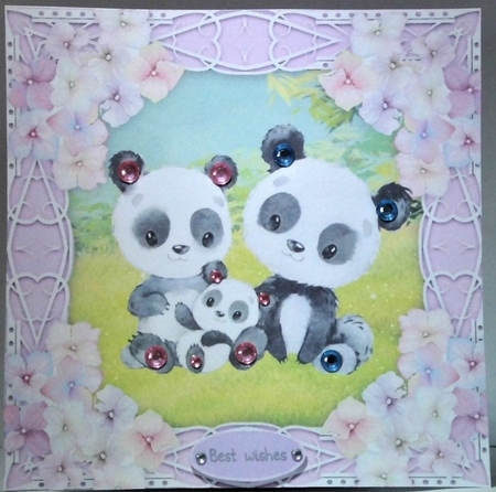 Gorgeous Pandas with hydrangea flowers 8x8 by Hazel Underwood