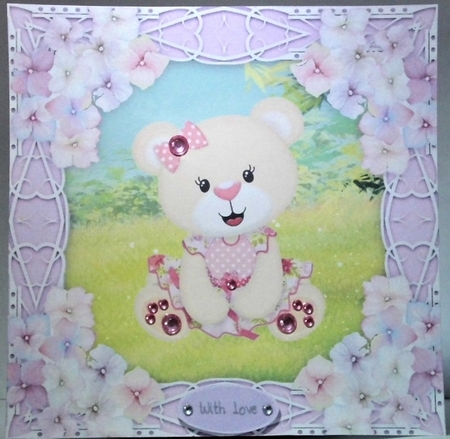 Gorgeous bear with hydrangea flowers 8x8 by Hazel Underwood