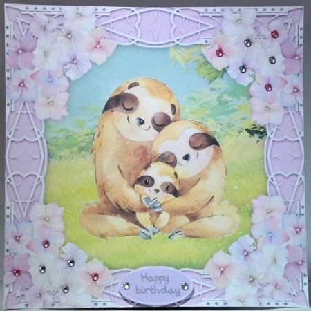 Gorgeous sloths cuddling with hydrangea flowers 8x8 by Hazel Underwood