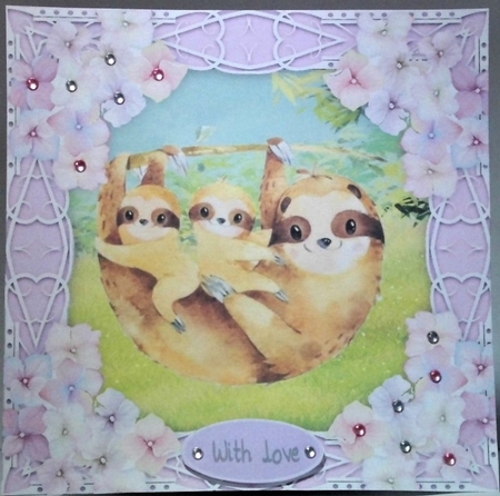 Gorgeous sloth family with hydrangea flowers 8x8 by Hazel Underwood