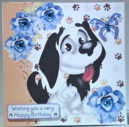 Cute black and white Cartoon dog with blue roses 7x7 by Hazel Underwood