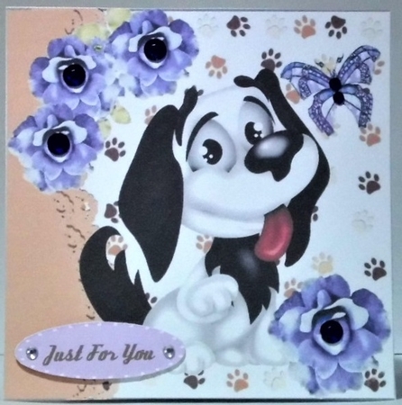Cute black and white Cartoon dog with purple roses 7x7 by Hazel Underwood