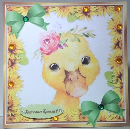 Cute water colour yellow duck with daisies & bows 8x8 by Hazel Underwood