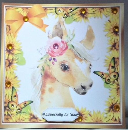 Cute water colour pony with daisies bow, and butterflies 8x8 by Hazel Underwood