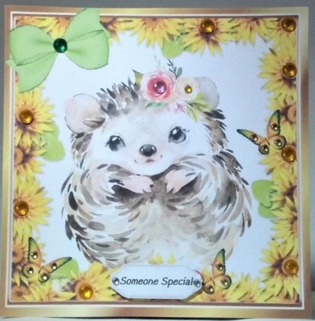 Cute water colour hedgehog with daisies bow, and butterflies 8x8 by Hazel Underwood