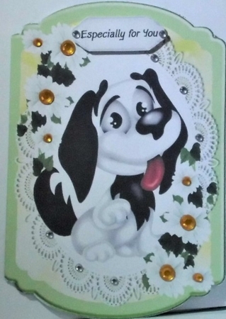 Cute cartoon black and white puppy on lace with daisies Bracket card by Hazel Underwood