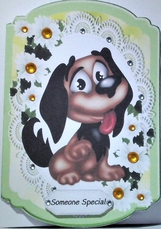 Cute cartoon brown and white puppy on lace with daisies Bracket card by Hazel Underwood