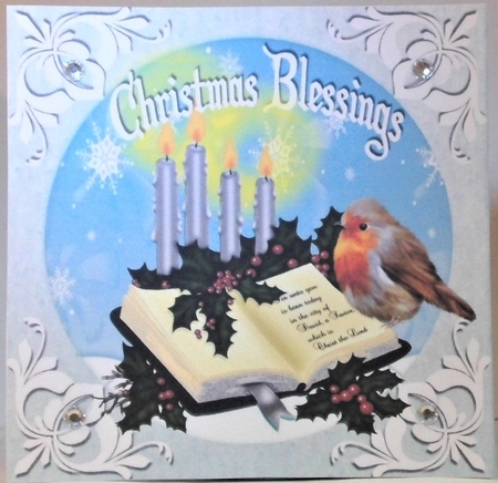 Lovely robin, bible with candles christmas blessings 8x8 (four) by Hazel Underwood