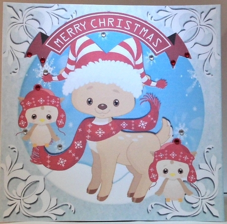 Cute reindeer in red scarf with owls 8x8 by Hazel Underwood