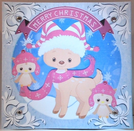 Cute reindeer in pink scarf with owls 8x8 by Hazel Underwood