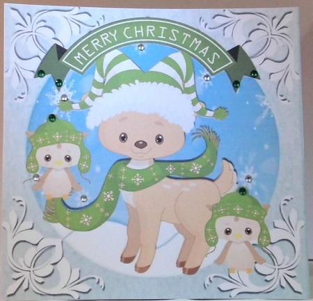 Cute reindeer in green scarf with owls 8x8 by Hazel Underwood