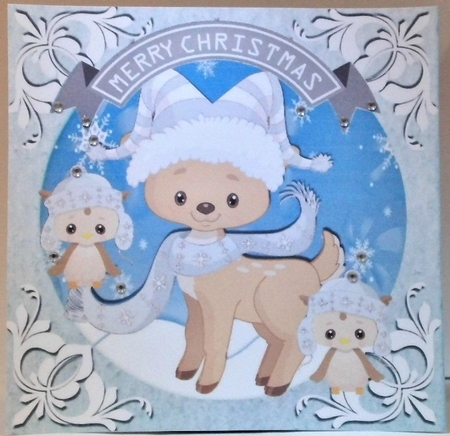 Cute reindeer in silver scarf with owls 8x8 by Hazel Underwood