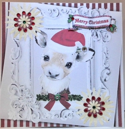 Cute water colour reindeer in santa hat in ornate frame 8x8 by Hazel Underwood
