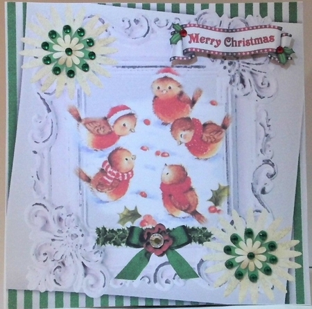 lovely Little robins playing in the snow in ornate green stripe frame 8x8 by Hazel Underwood