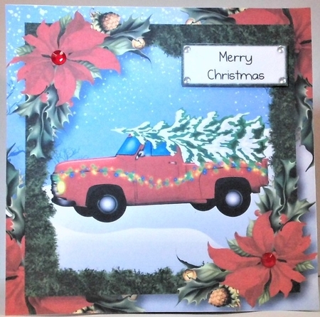 Bringing Home The Tree - Red 8x8 by Hazel Underwood