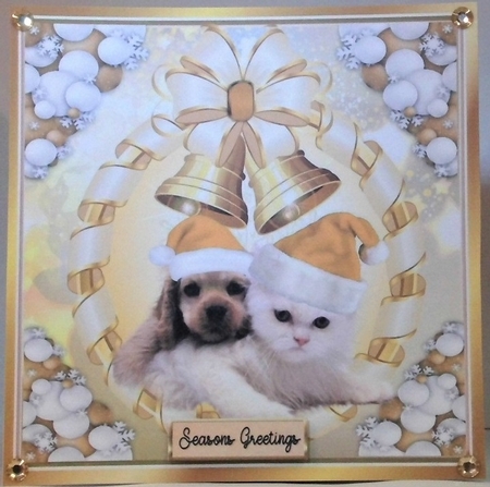 Cute puppy and kitten in gold santa hats with gold bells 8x8 by Hazel Underwood
